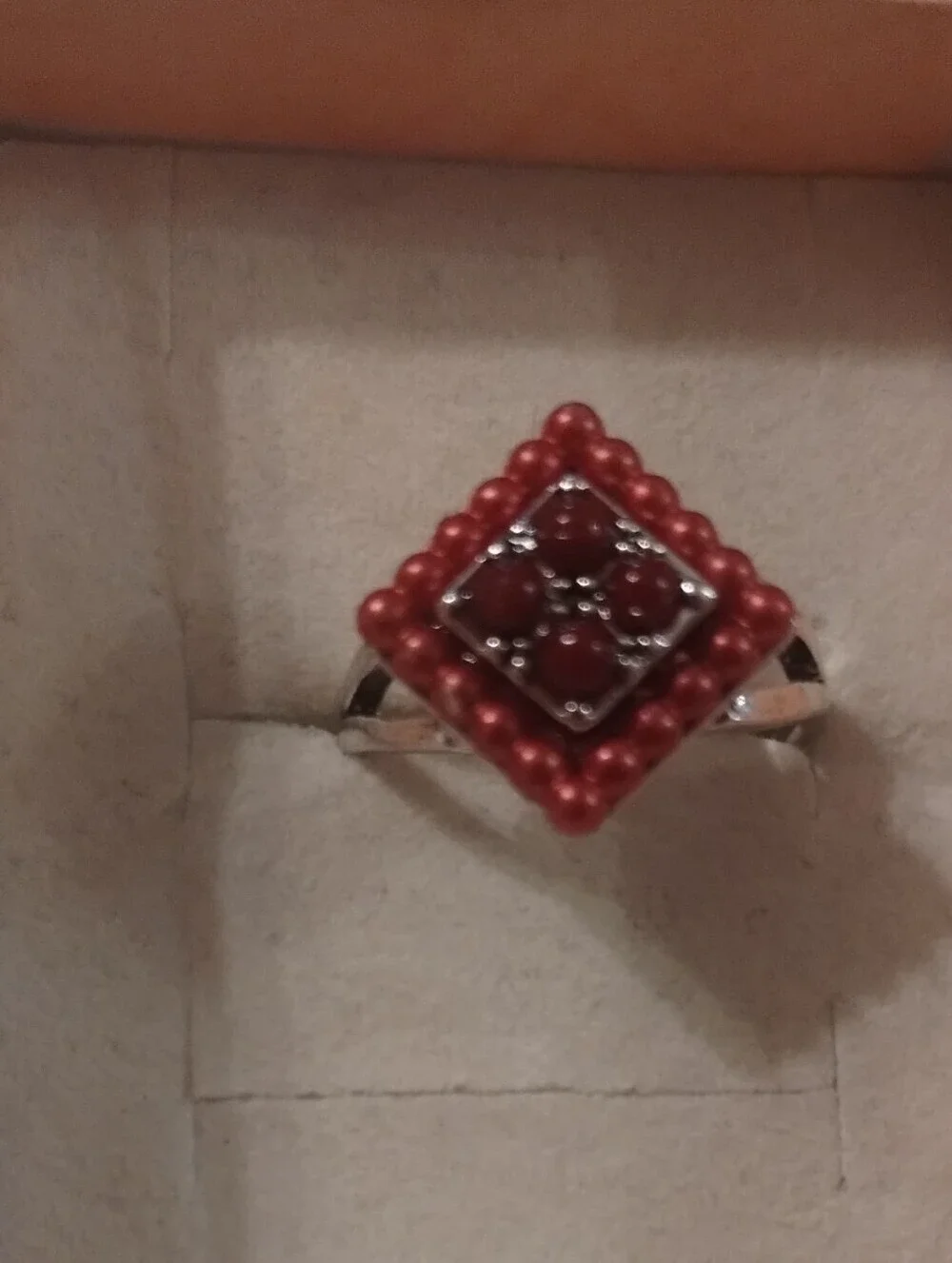 Red Beaded Geometric Statement Ring Silver Tone Boho Ring Size 7